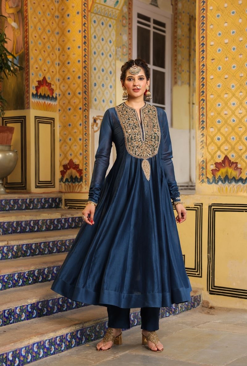 Blue Heavy Yoke Mehfil Anarkali Set