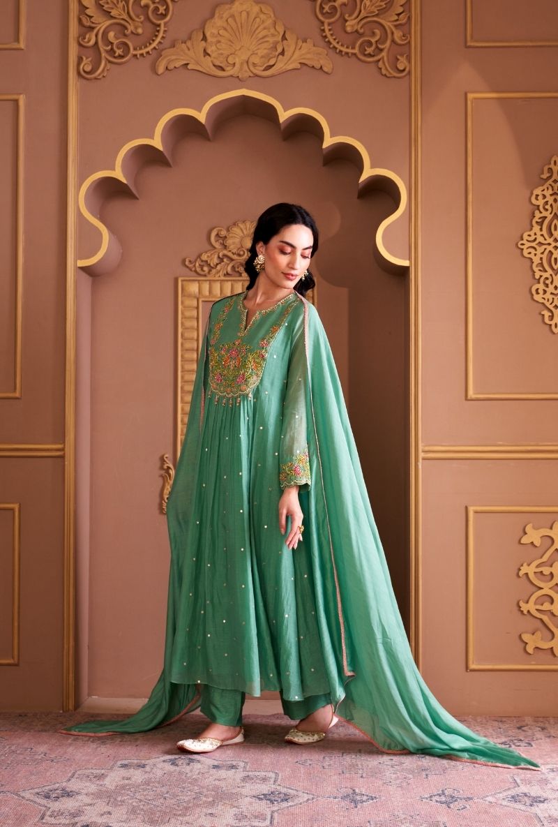 Aqua Resham Front Pleat Rasia Kurta Set