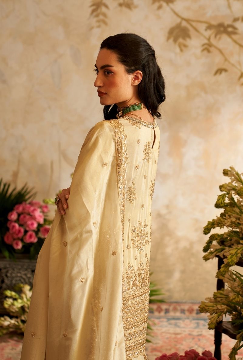 Ivory Round Neck Embroidered Rumi Gharara Set