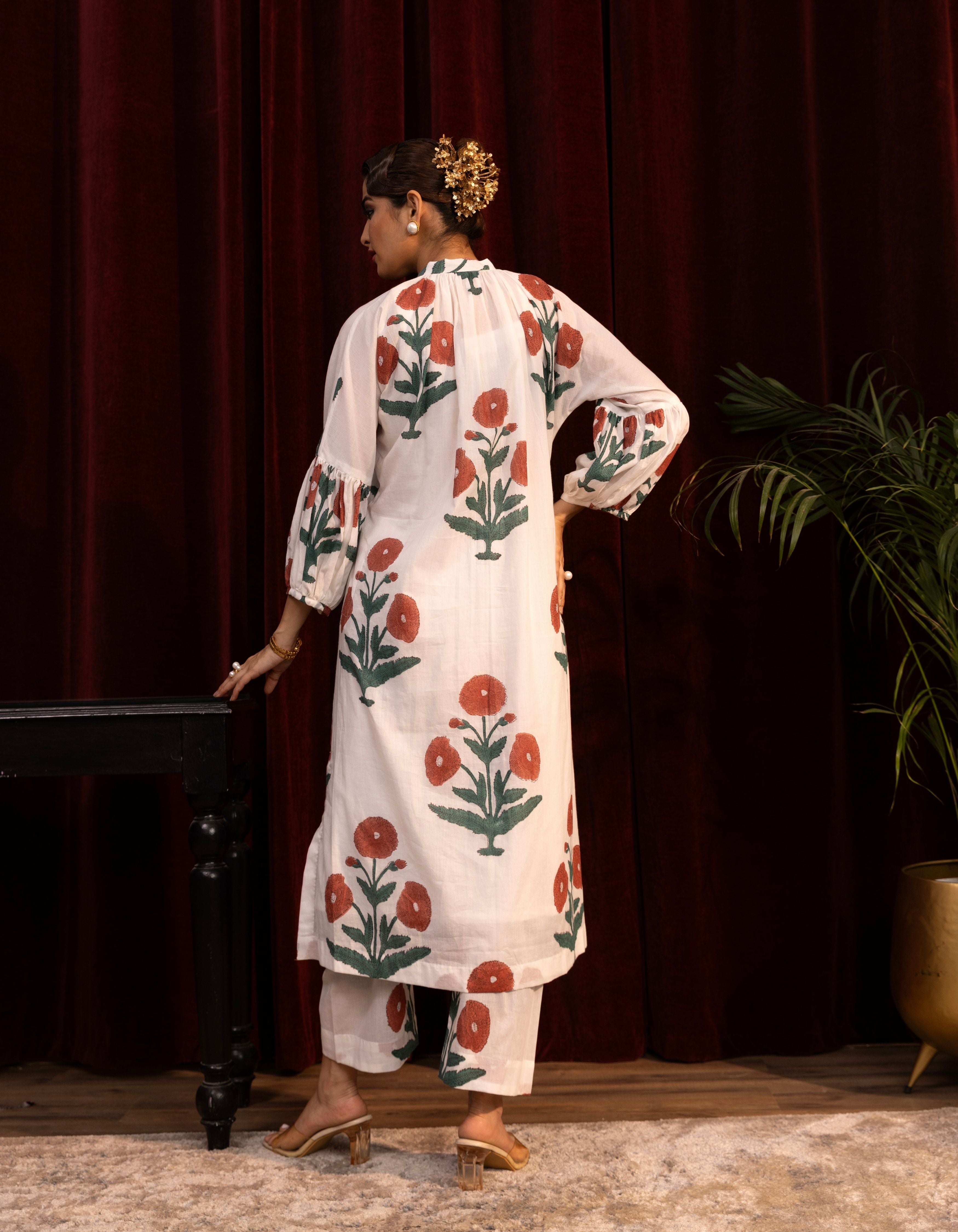 White Mughal Print Balloon Sleeve Mogra Kurta Set