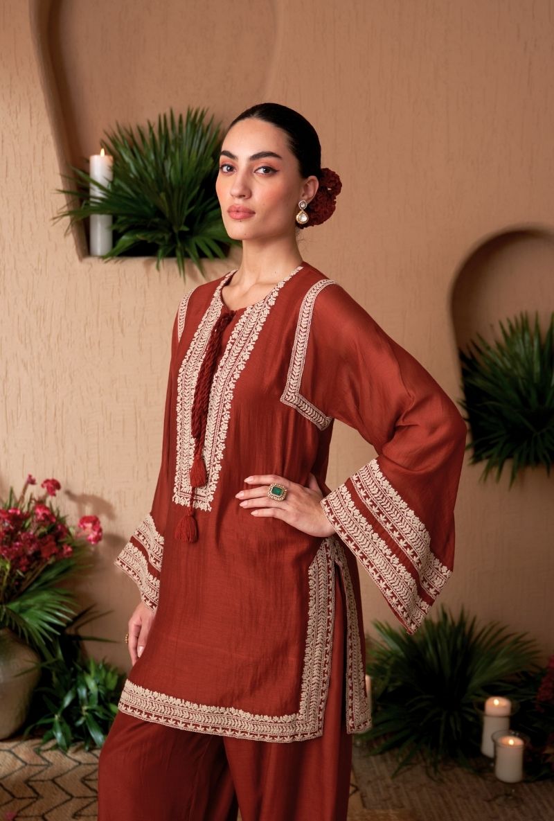 Brick Red A- Line Naveli Fasrshi Kurta Set