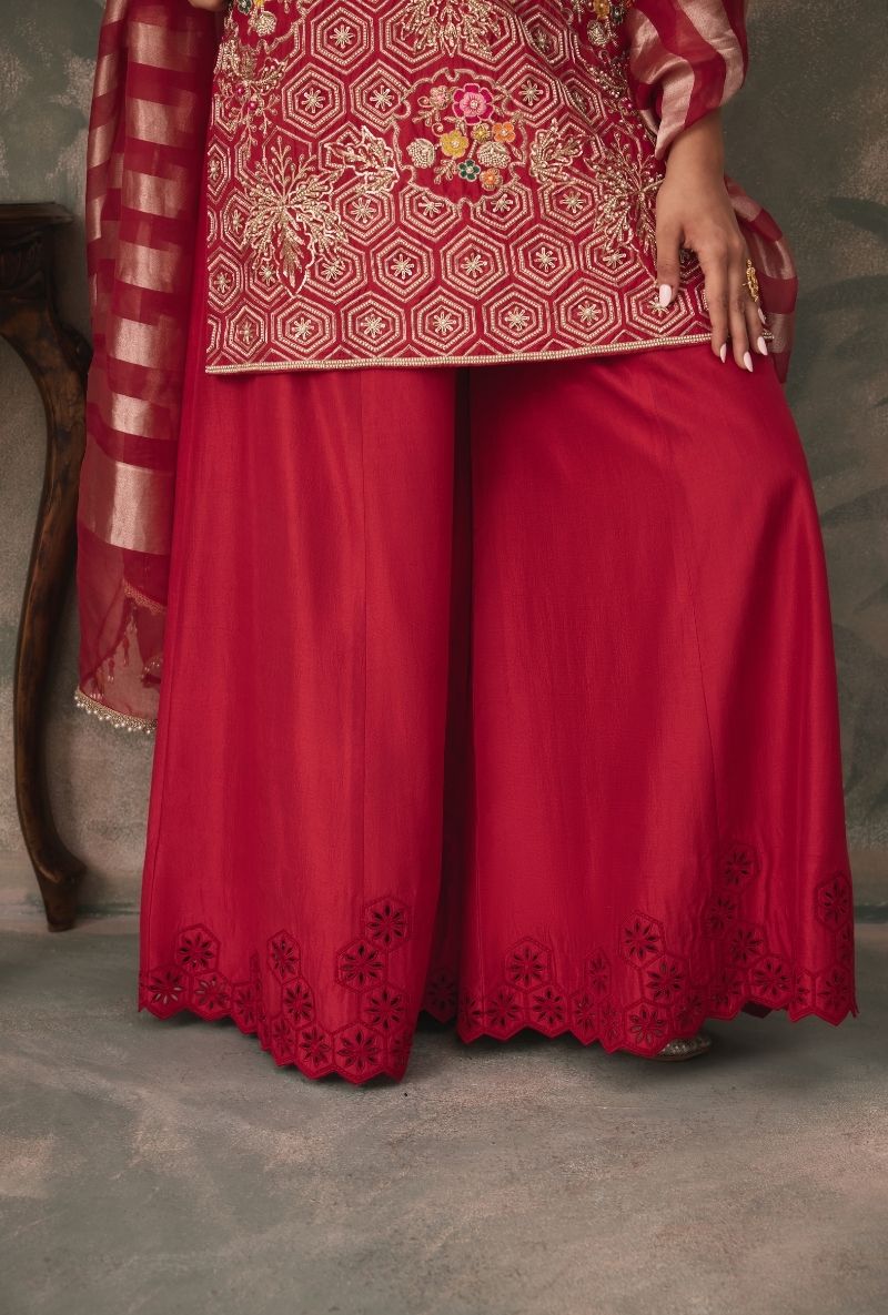Red Heavy Embroidered Kurta Jalsa Sharara Set