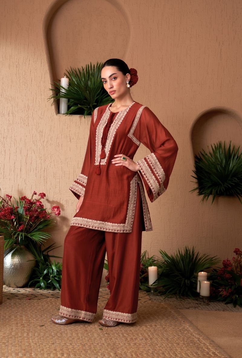 Brick Red A- Line Naveli Fasrshi Kurta Set