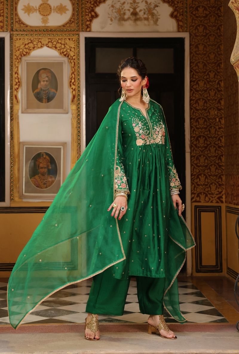 Green Mayur Applique Frockstyle Mehfil Kurta Set