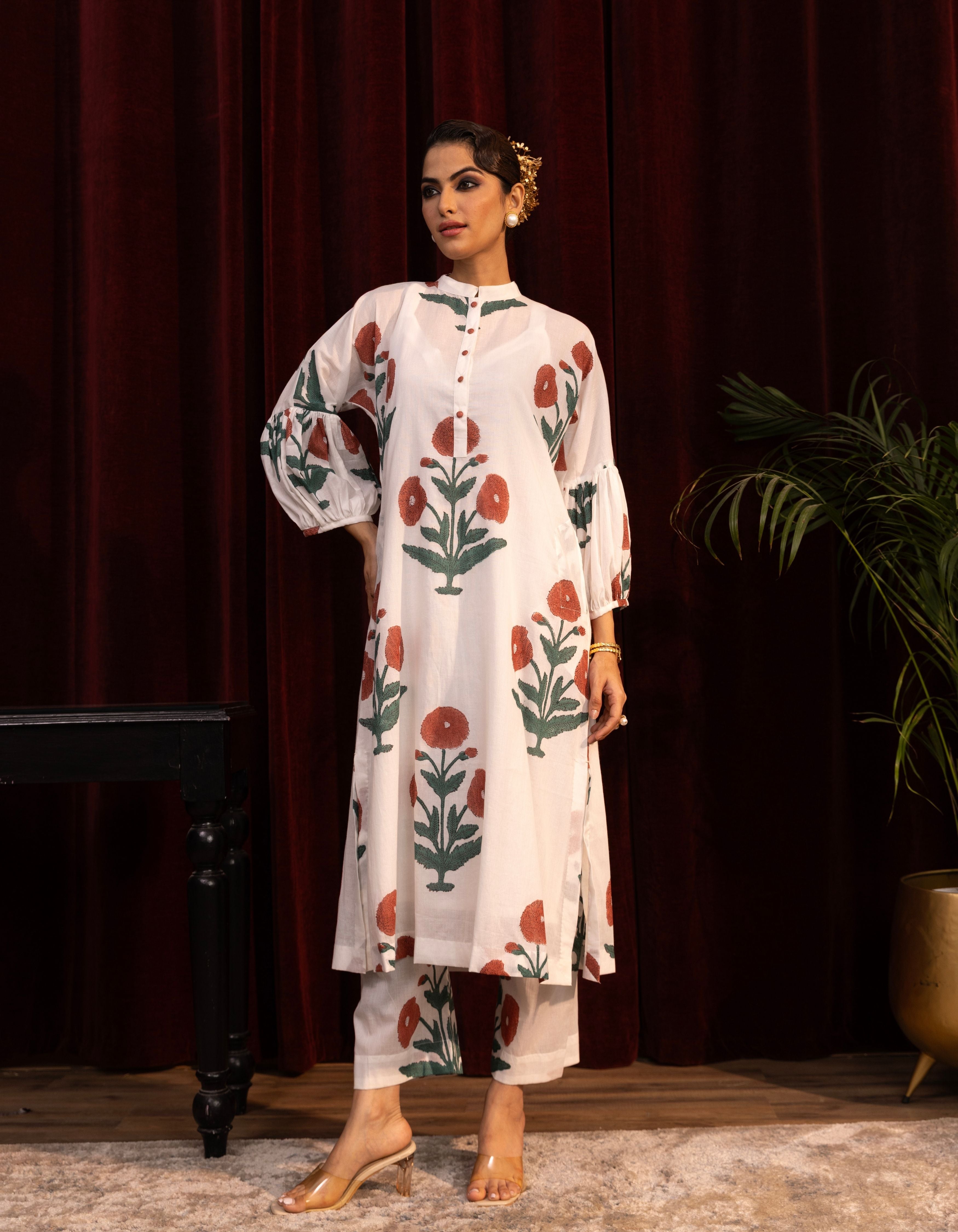 White Mughal Print Balloon Sleeve Mogra Kurta Set