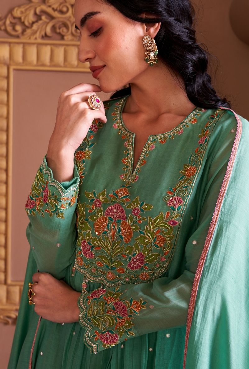 Aqua Resham Front Pleat Rasia Kurta Set