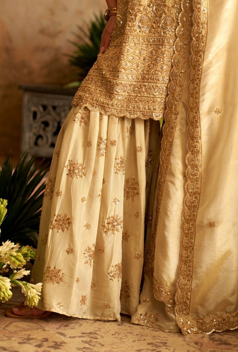Ivory Round Neck Embroidered Rumi Gharara Set