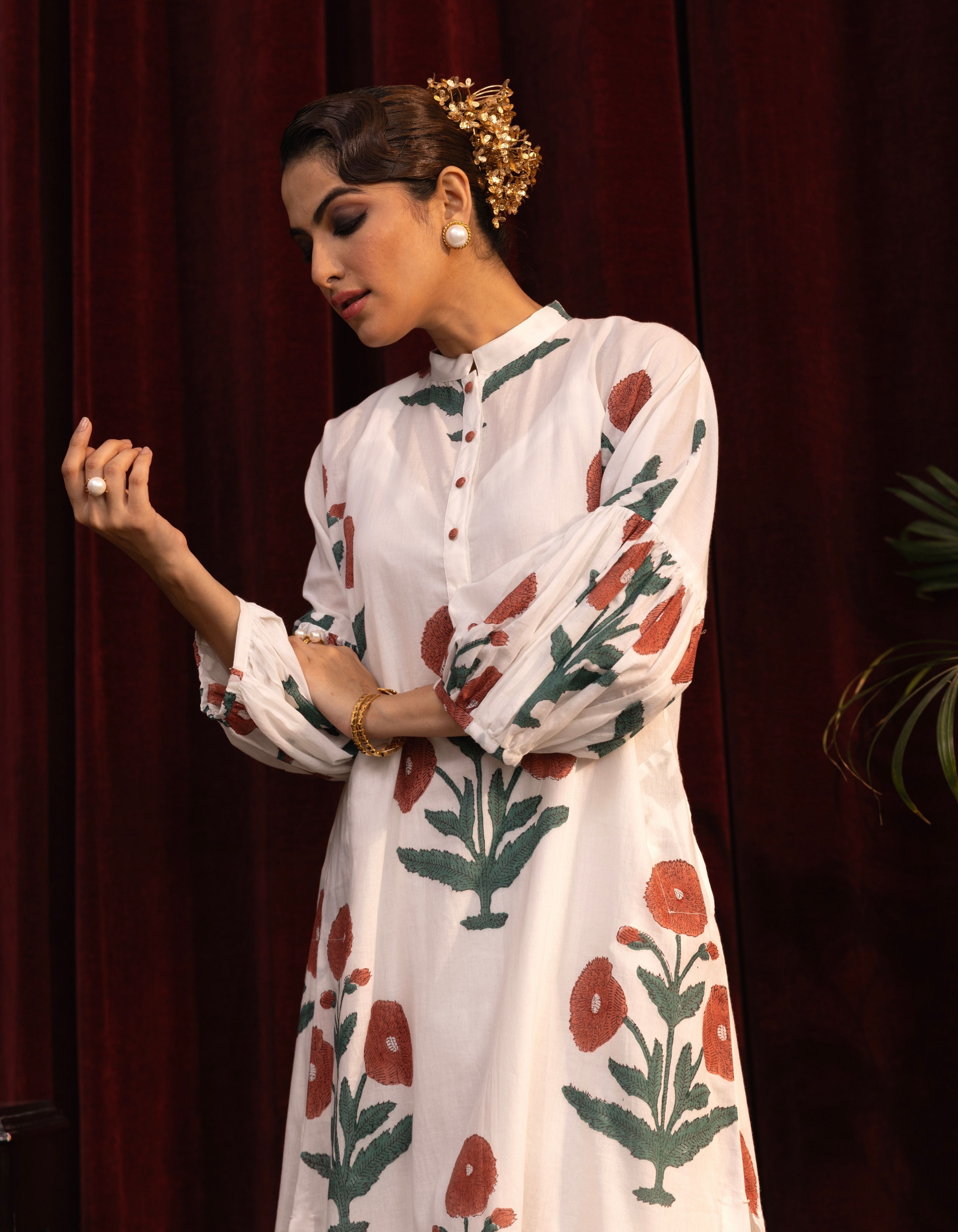 White Mughal Print Balloon Sleeve Mogra Kurta Set