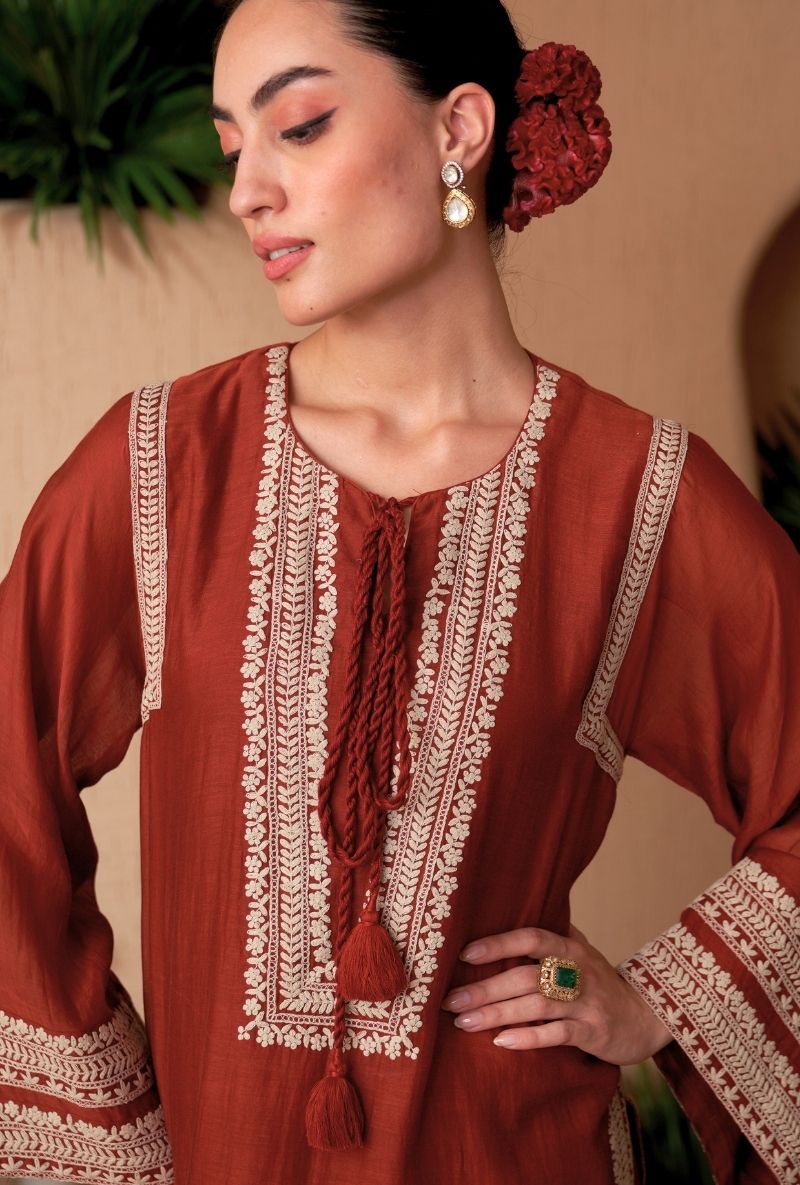 Brick Red A- Line Naveli Fasrshi Kurta Set