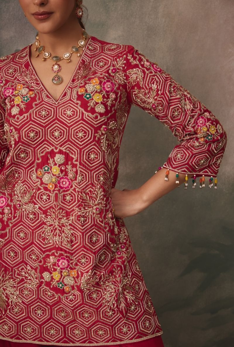 Red Heavy Embroidered Kurta Jalsa Sharara Set