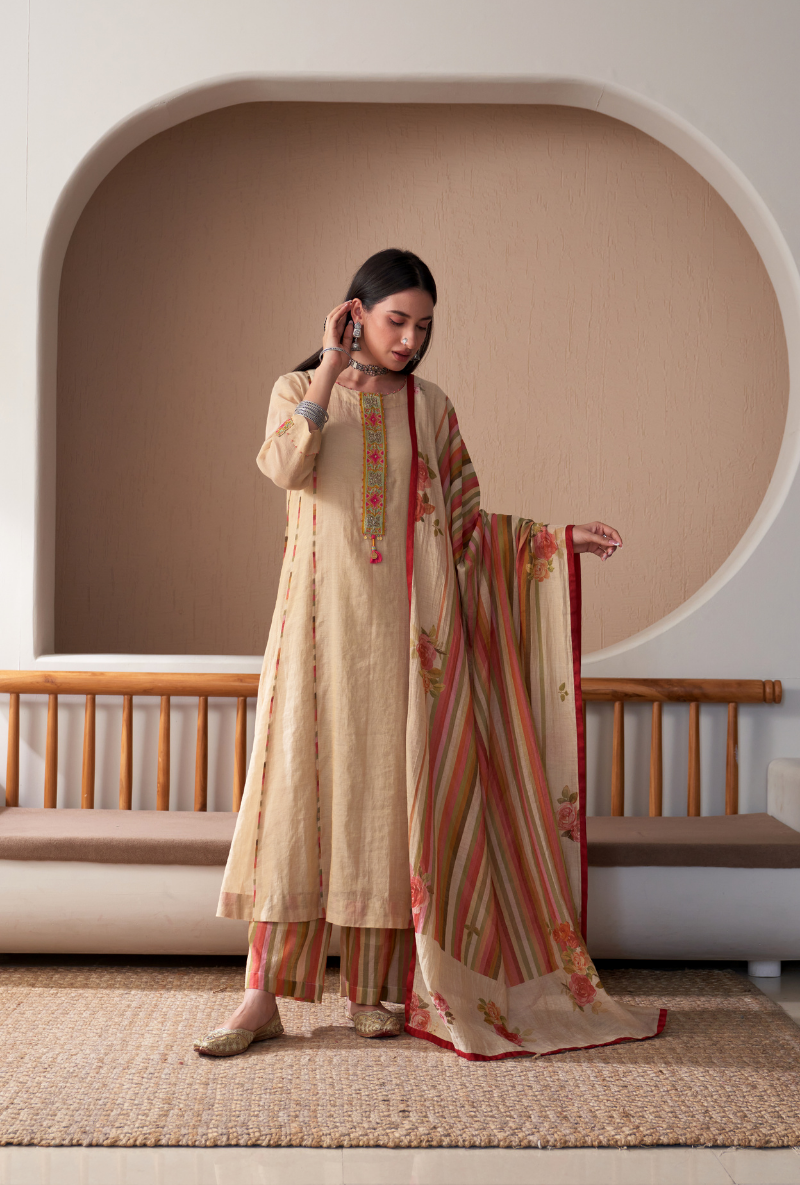 Ivory Embroidered Placket Bageecha Anarkali Set