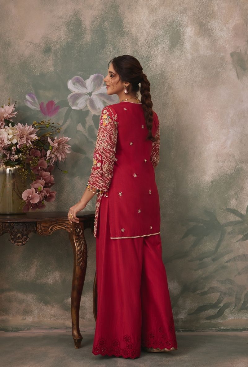 Red Heavy Embroidered Kurta Jalsa Sharara Set
