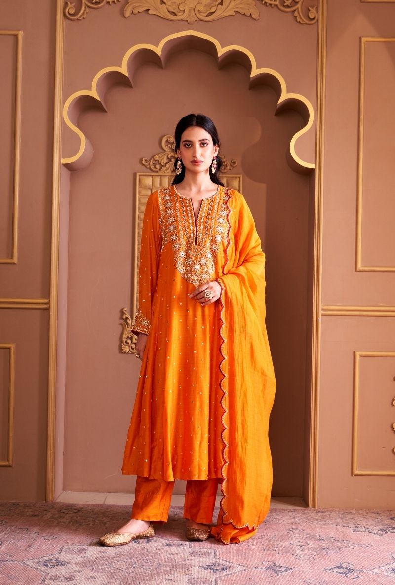 Mustard Heavy Yoke Rasia Kurta Set