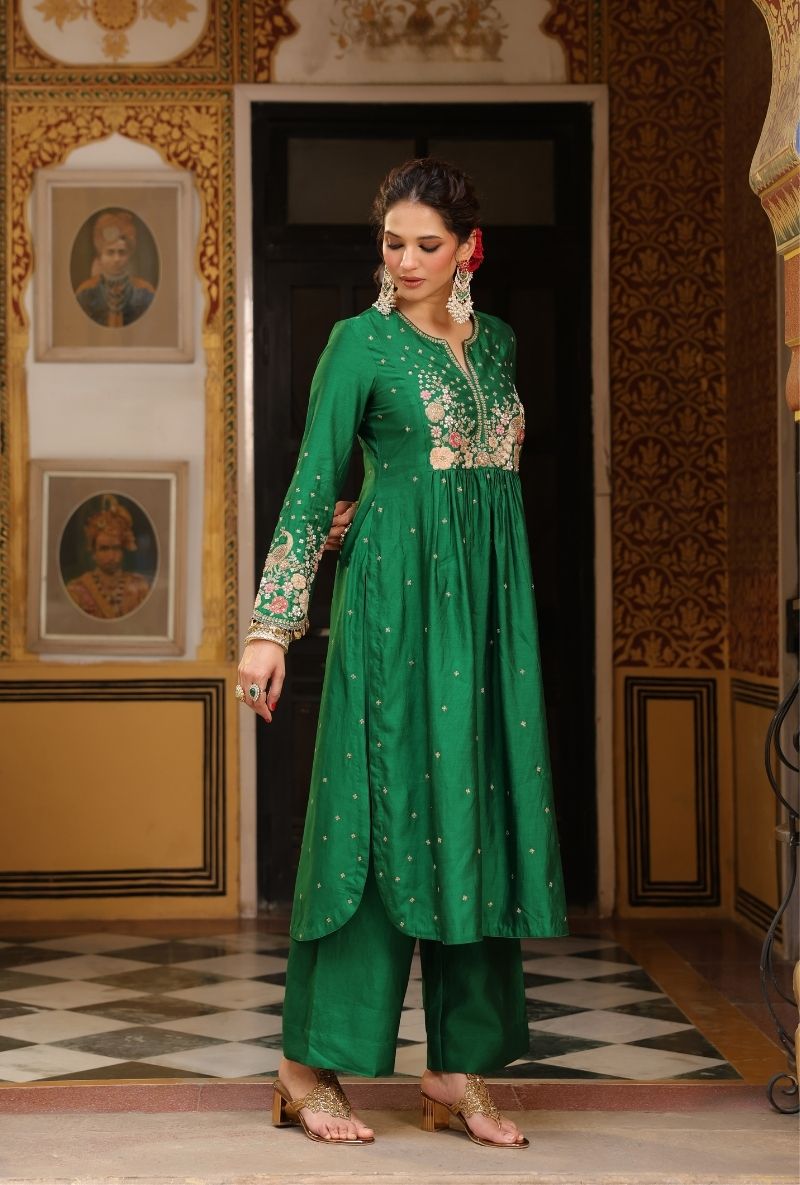 Green Mayur Applique Frockstyle Mehfil Kurta Set