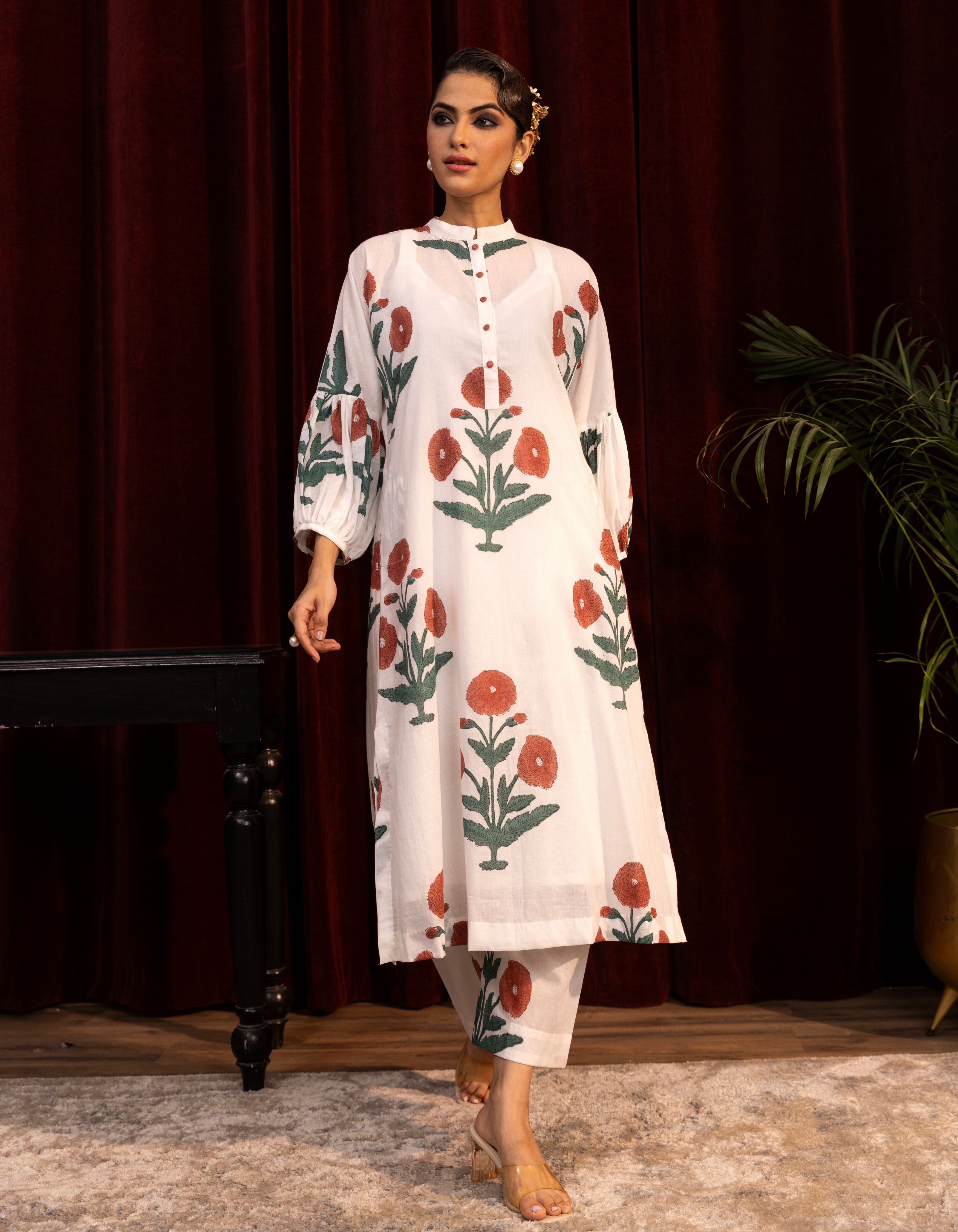 White Mughal Print Balloon Sleeve Mogra Kurta Set