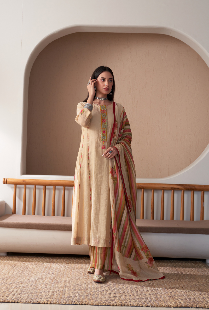 Ivory Embroidered Placket Bageecha Anarkali Set
