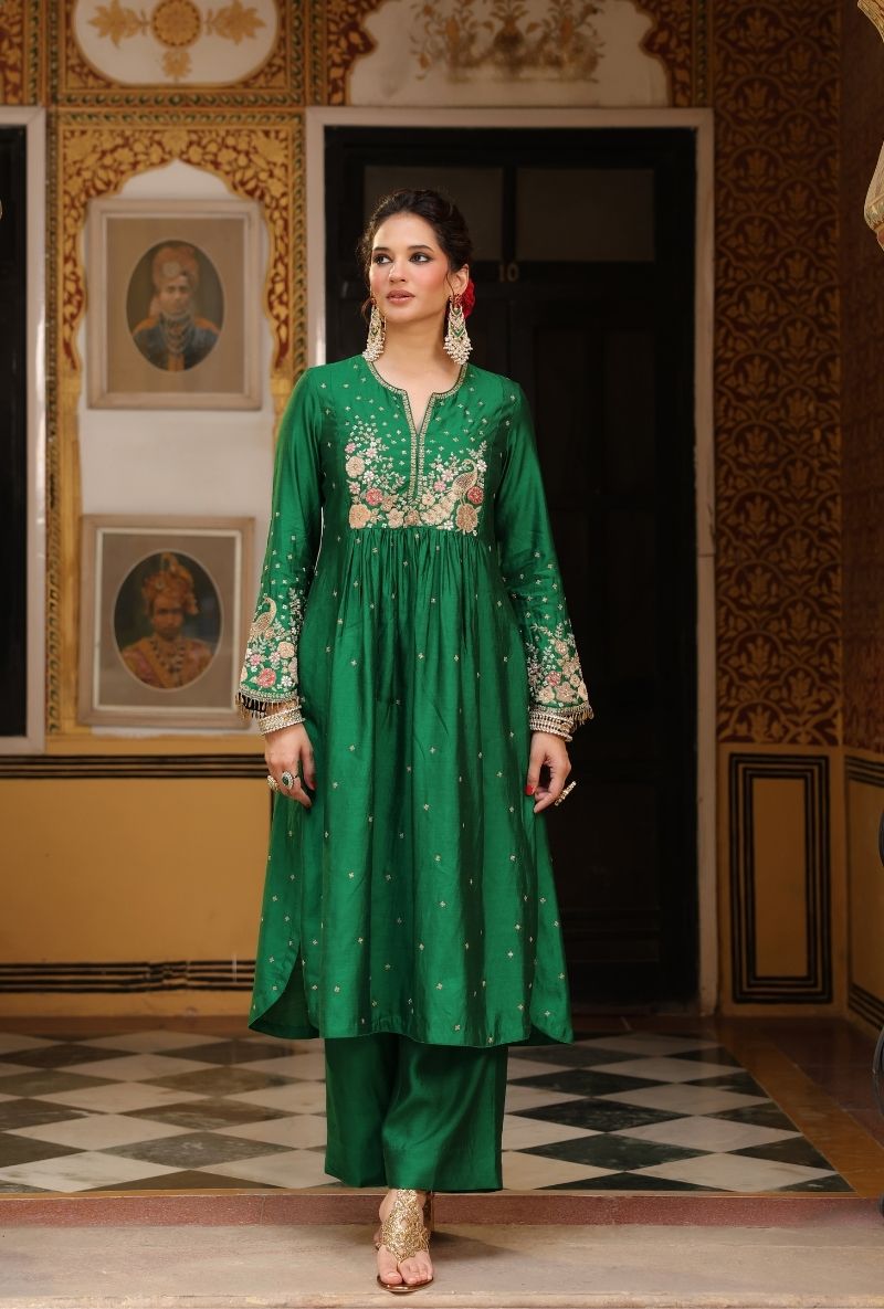 Green Mayur Applique Frockstyle Mehfil Kurta Set