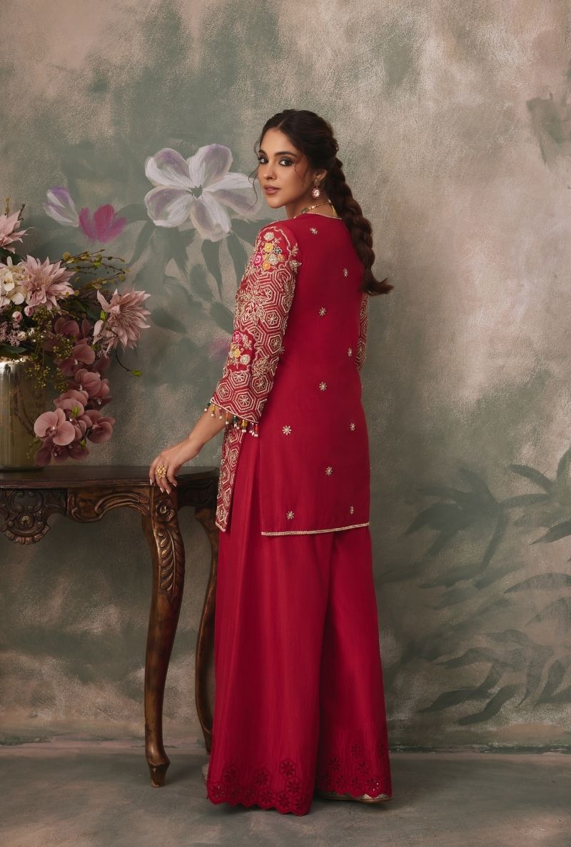 Red Heavy Embroidered Kurta Jalsa Sharara Set