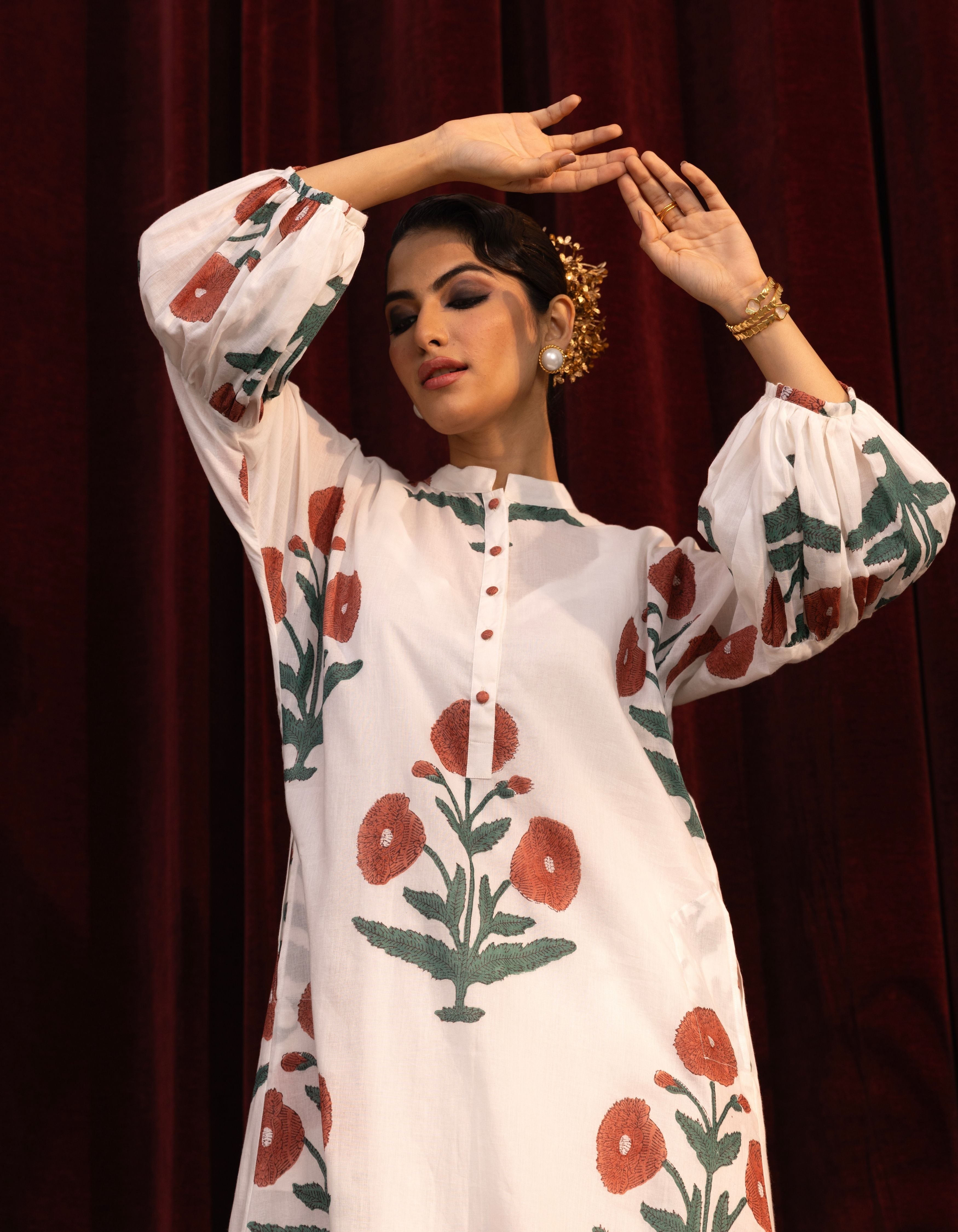 White Mughal Print Balloon Sleeve Mogra Kurta Set