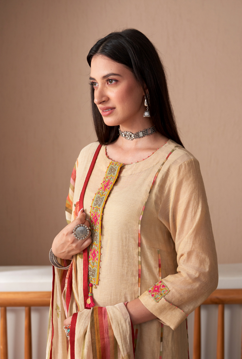 Ivory Embroidered Placket Bageecha Anarkali Set