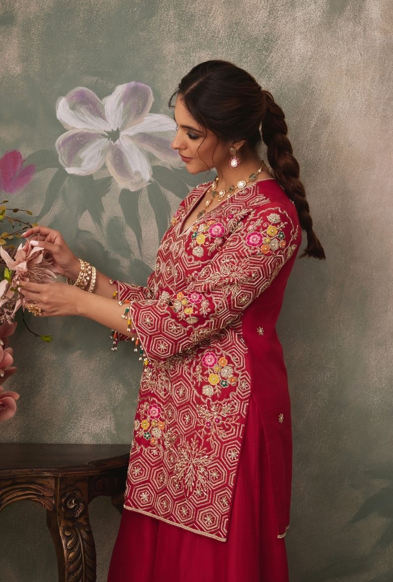 Red Heavy Embroidered Kurta Jalsa Sharara Set