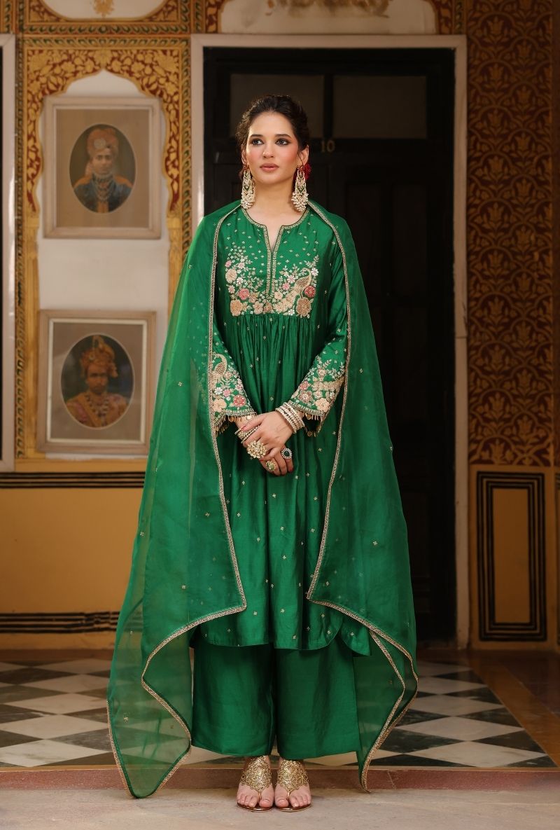 Green Mayur Applique Frockstyle Mehfil Kurta Set