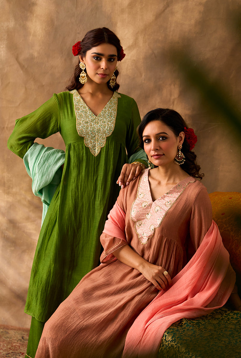 Coral Rose Brocade Patch Khwaab Kurta Set