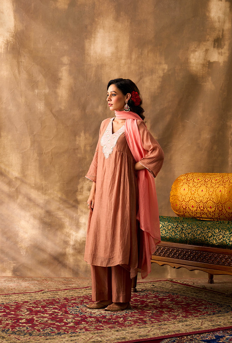 Coral Rose Brocade Patch Khwaab Kurta Set