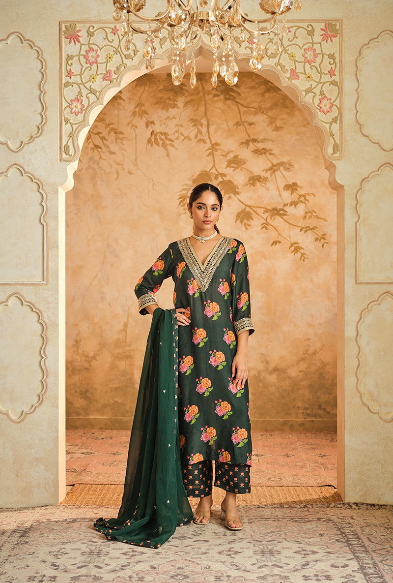 Green Butti Print A Line Goonj Kurta Set