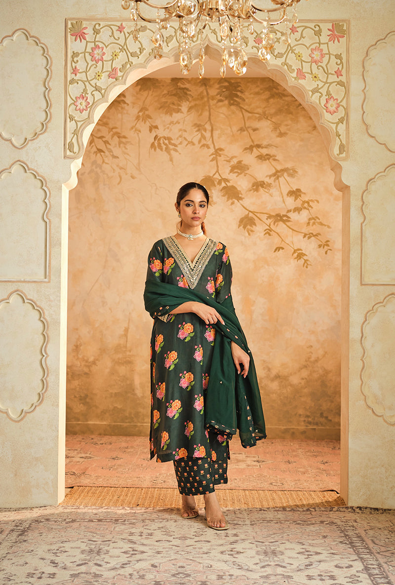 Green Butti Print A Line Goonj Kurta Set