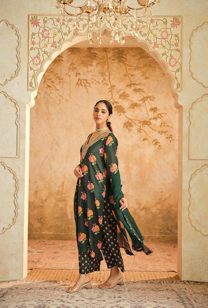 Green Butti Print A Line Goonj Kurta Set