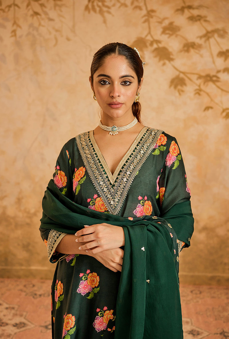 Green Butti Print A Line Goonj Kurta Set