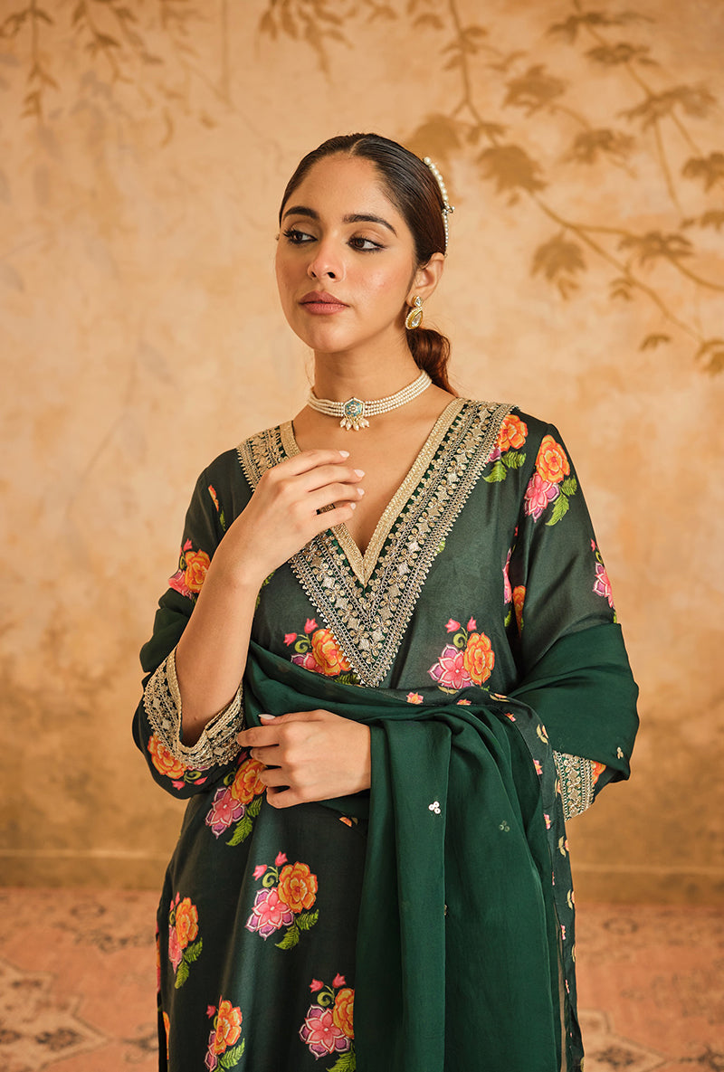 Green Butti Print A Line Goonj Kurta Set