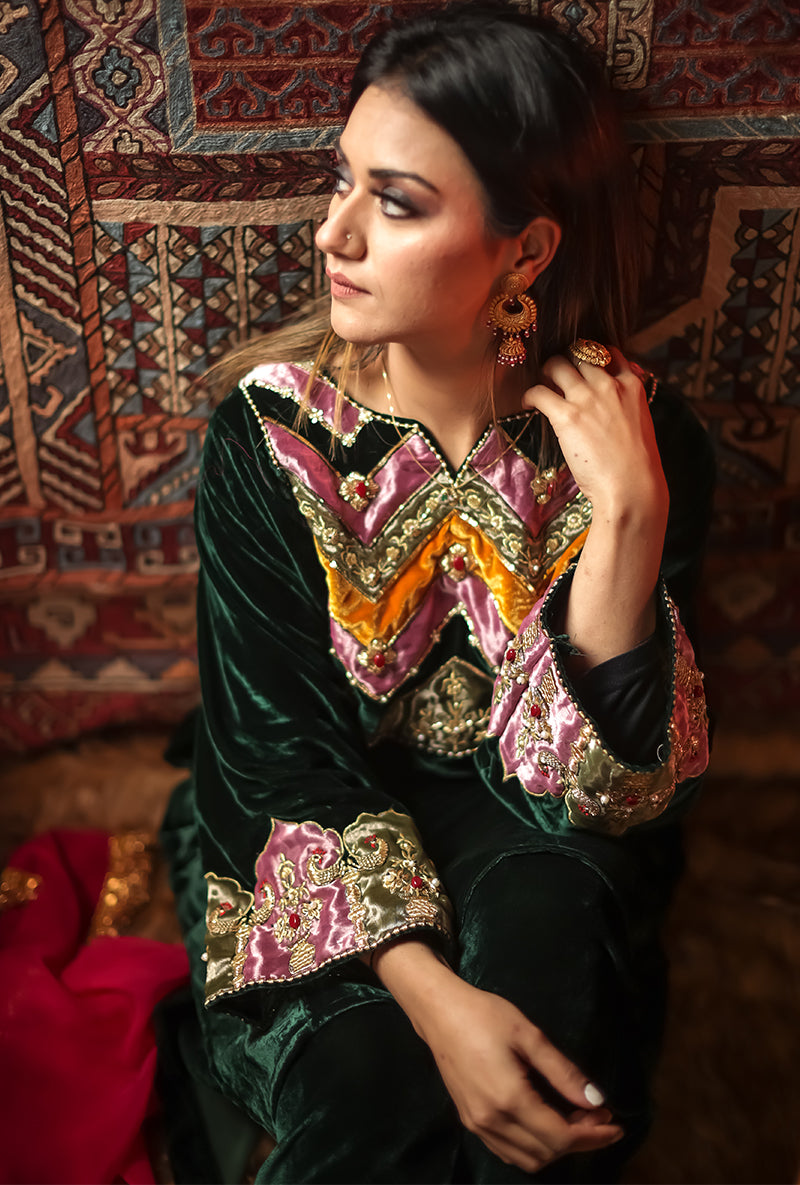 Green Silk Velvet Jannat Phiran Set
