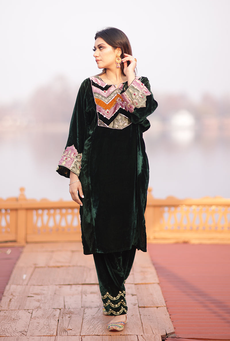 Green Silk Velvet Jannat Phiran Set