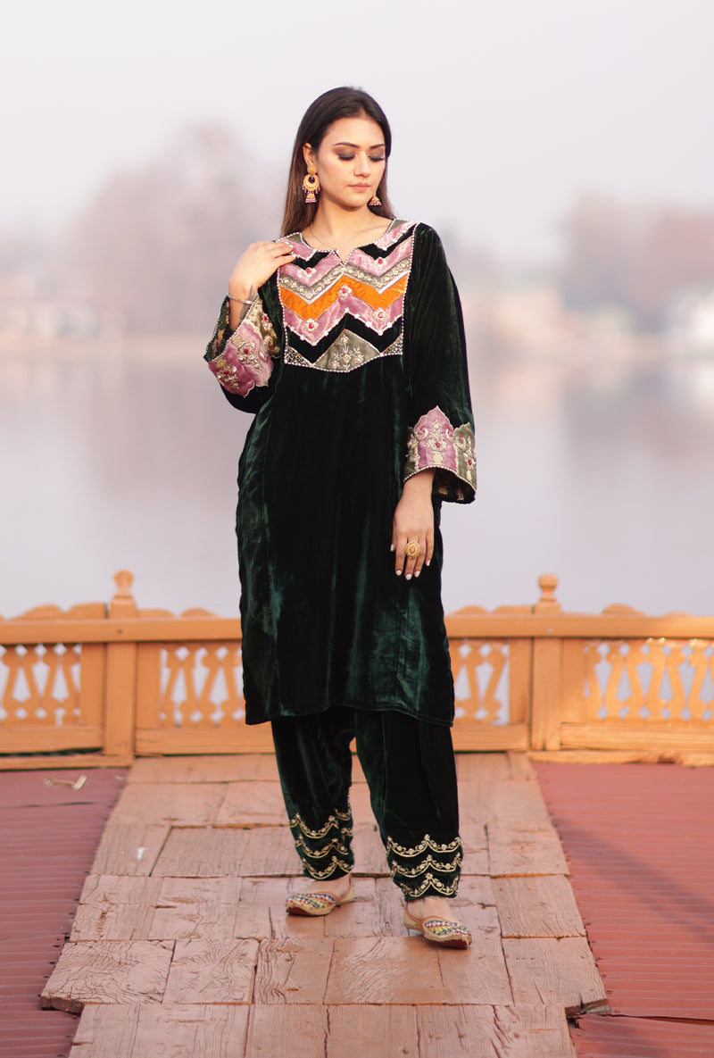 Green Silk Velvet Jannat Phiran Set