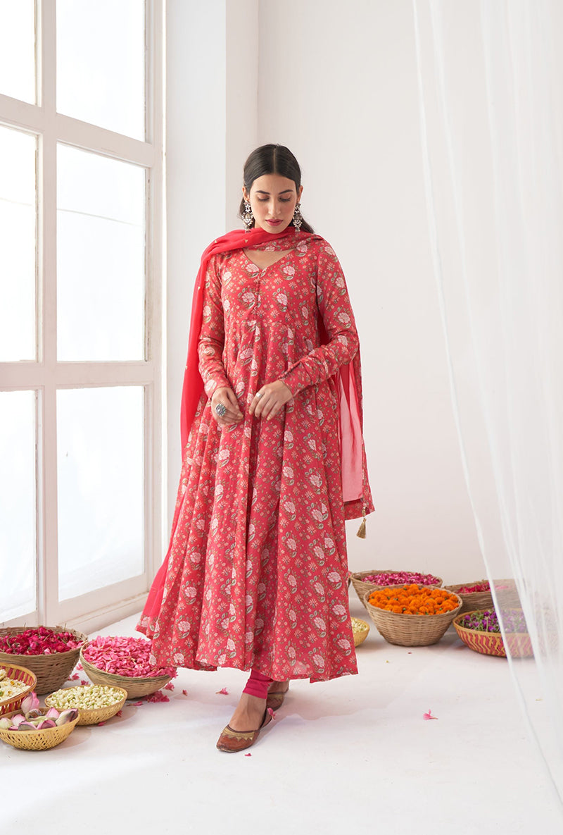 Hot Pink Digitally Printed Iris Anarkali Set
