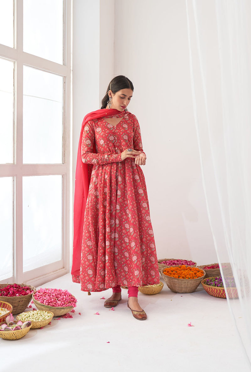 Hot Pink Digitally Printed Iris Anarkali Set