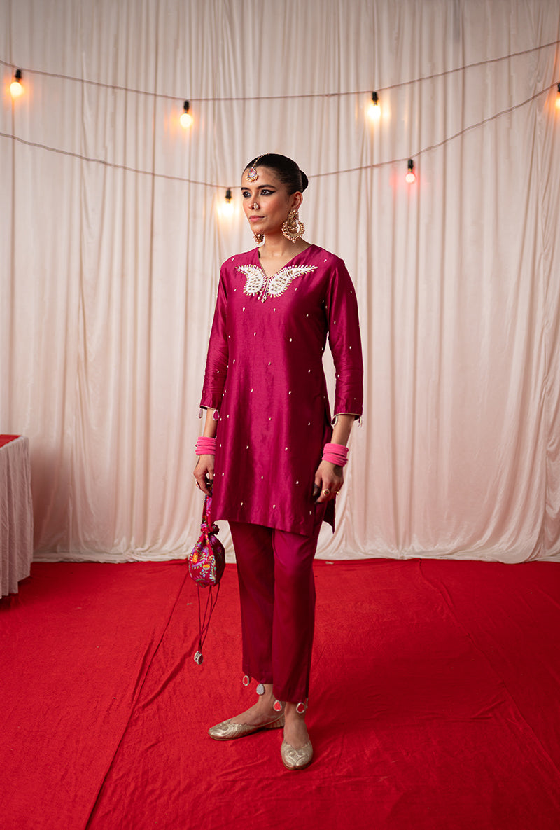 Maroon Embroidered Kikli Short Kurta Set