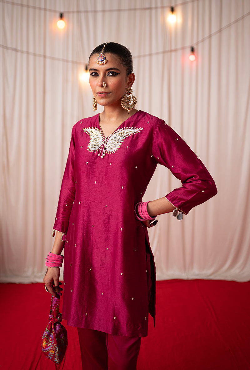 Maroon Embroidered Kikli Short Kurta Set
