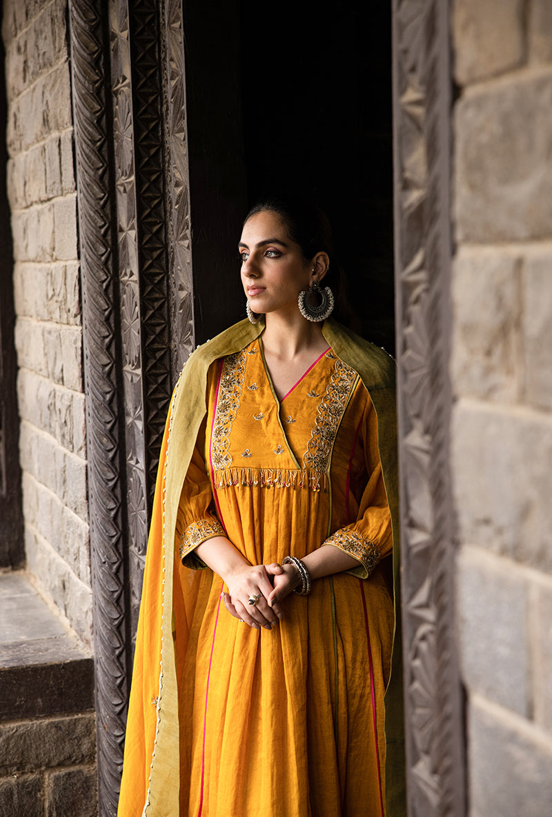 Mustard Overlapping Yoke Kalidar Surmayi Kurta Set