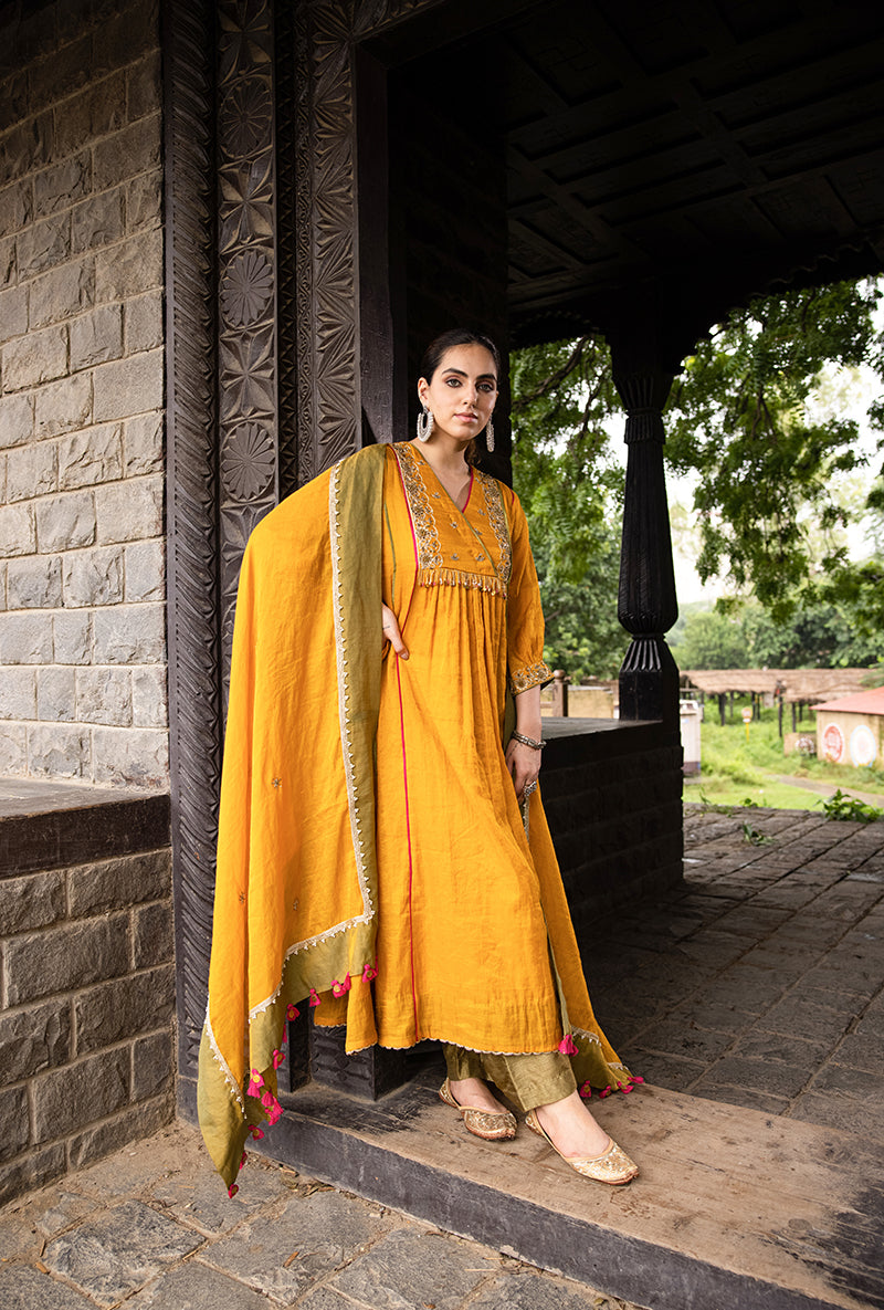 Mustard Overlapping Yoke Kalidar Surmayi Kurta Set