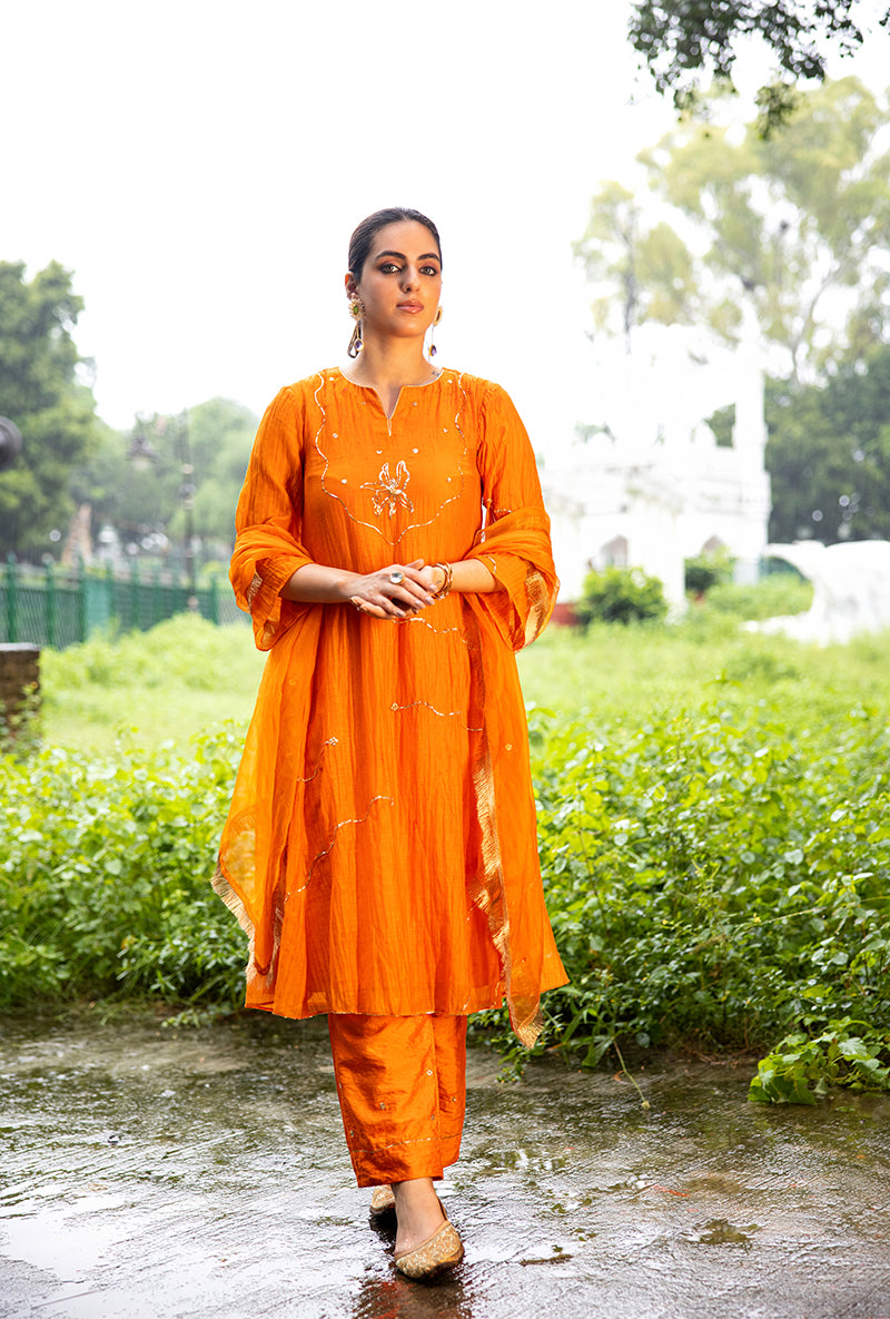 Orange Pitta Embroidery Dor Kurta Set