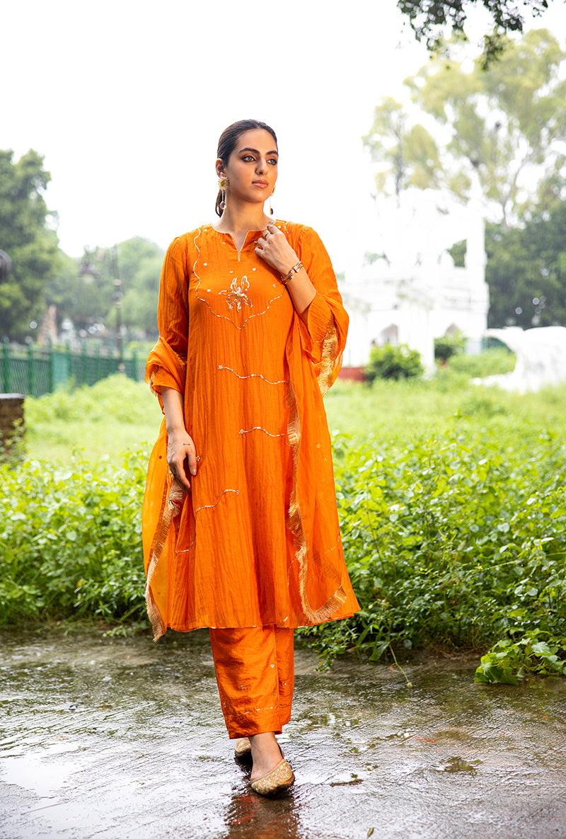 Orange Pitta Embroidery Dor Kurta Set