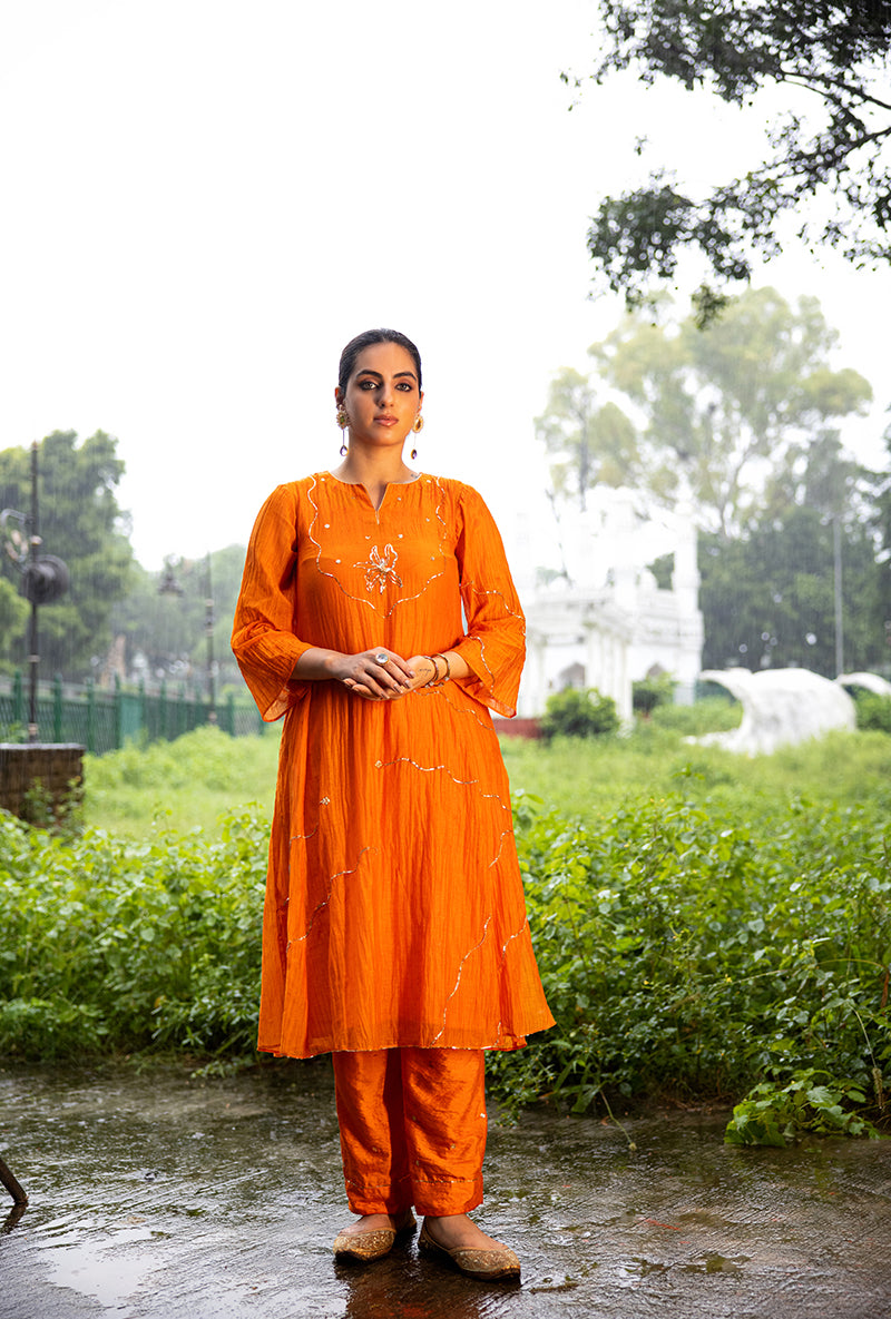Orange Pitta Embroidery Dor Kurta Set