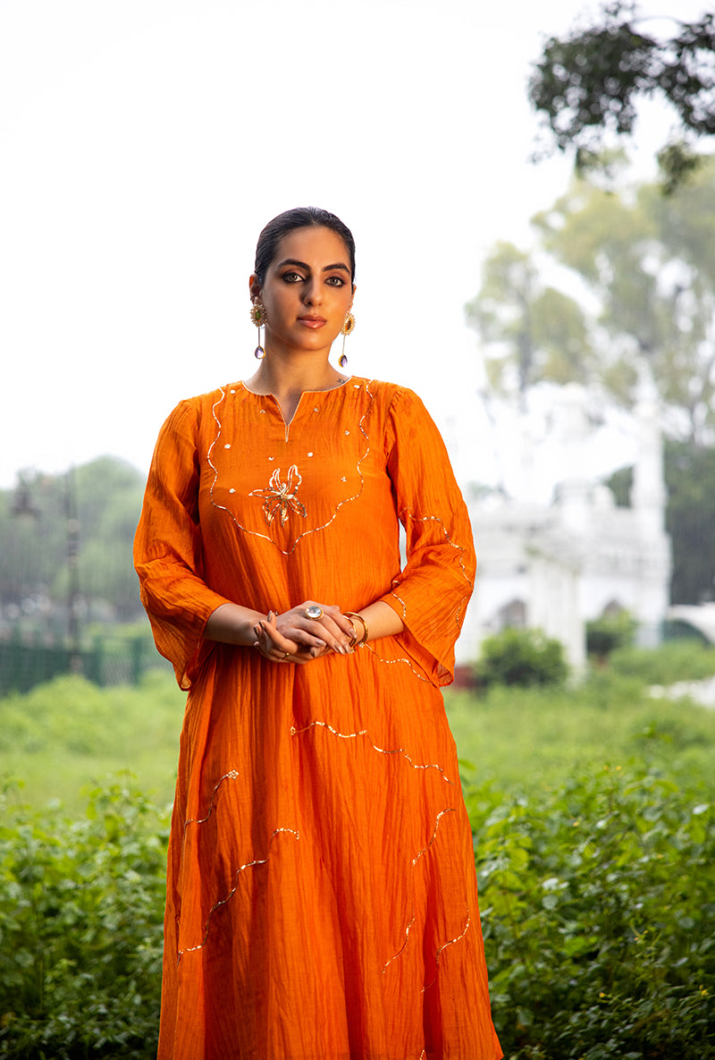 Orange Pitta Embroidery Dor Kurta Set