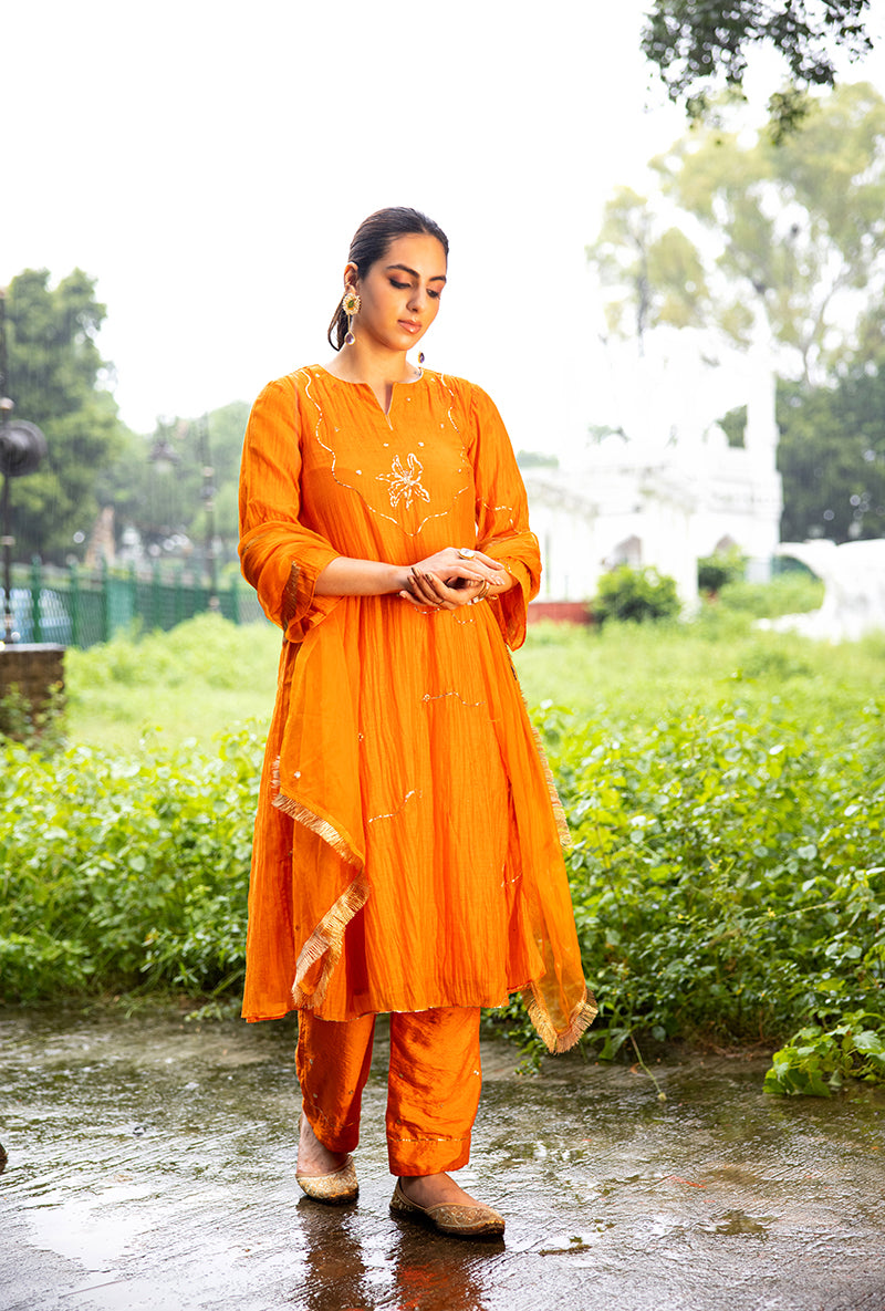 Orange Pitta Embroidery Dor Kurta Set