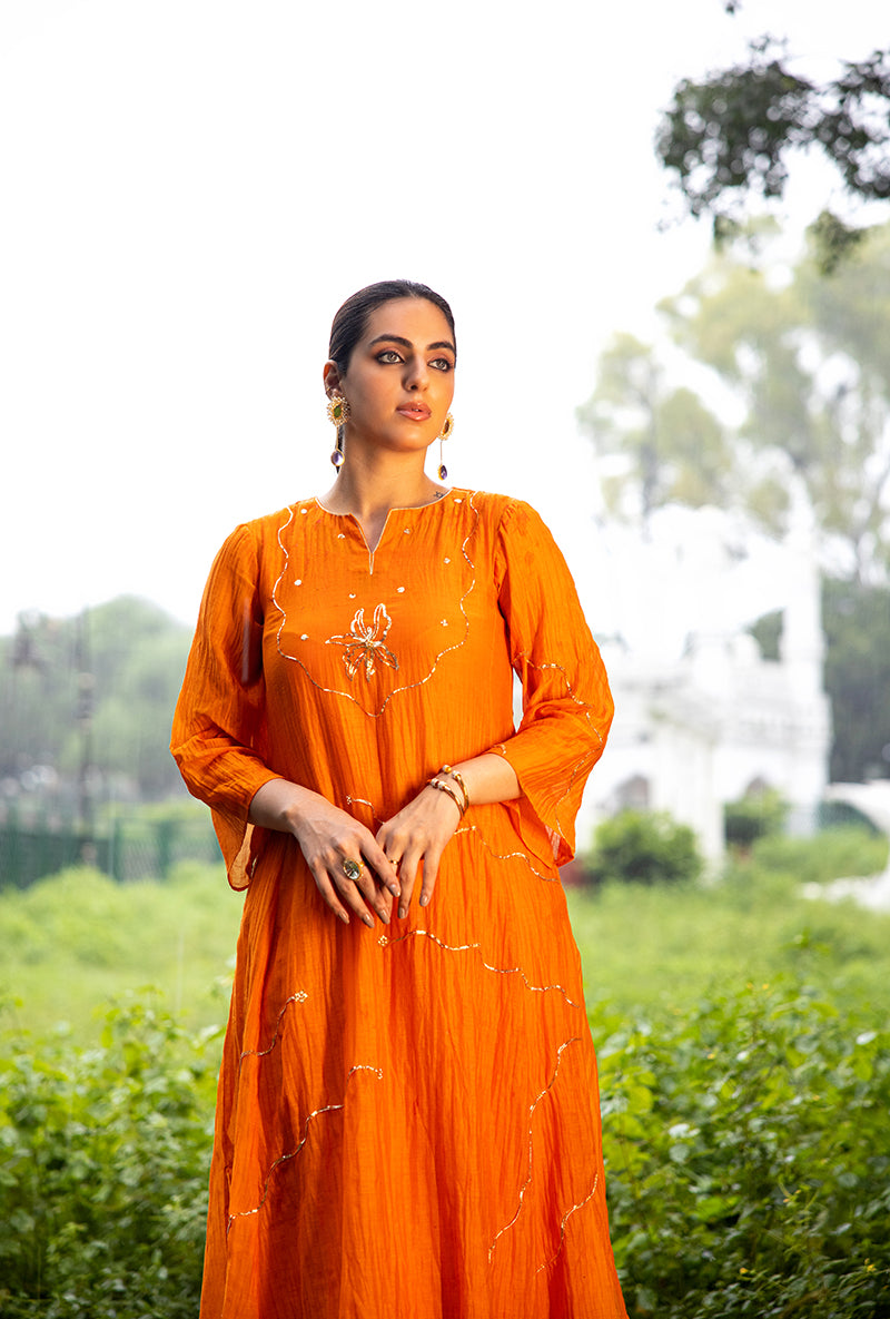 Orange Pitta Embroidery Dor Kurta Set