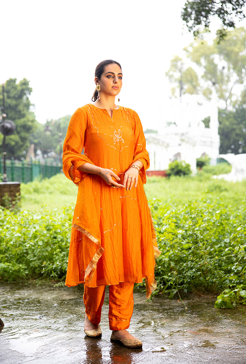 Orange Pitta Embroidery Dor Kurta Set