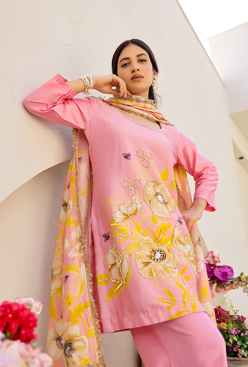 Pink Garden Printed Embroidered Magnolia Short Kurta Set